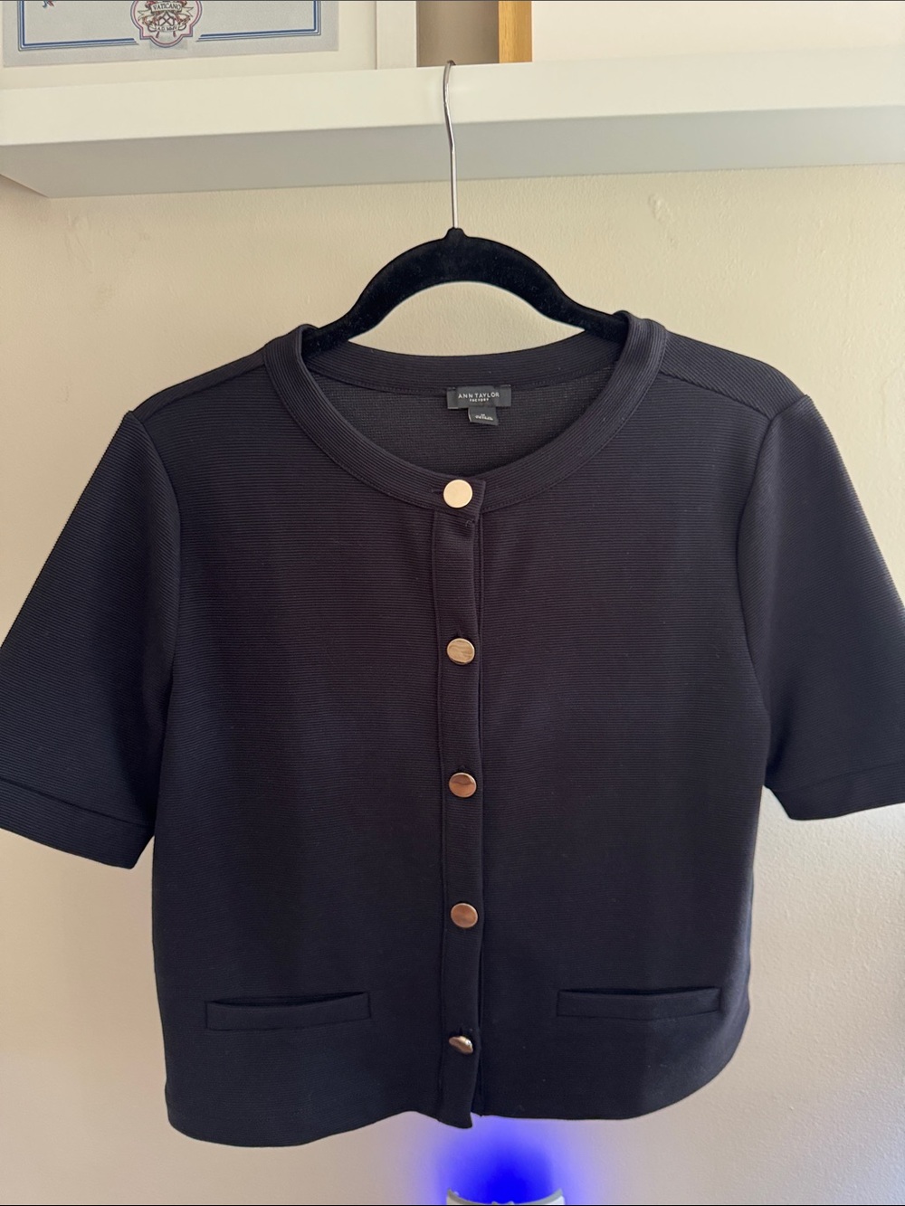 Ann Taylor Factory Black Short Sleeve Button Cardigan Jacket size M.